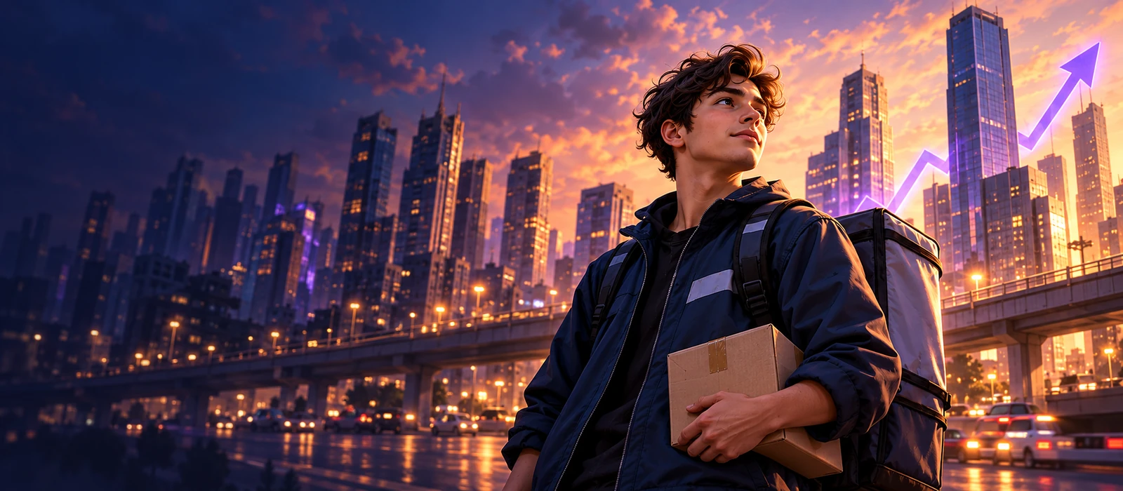 FROM ZERO: a courier in a city at sunset